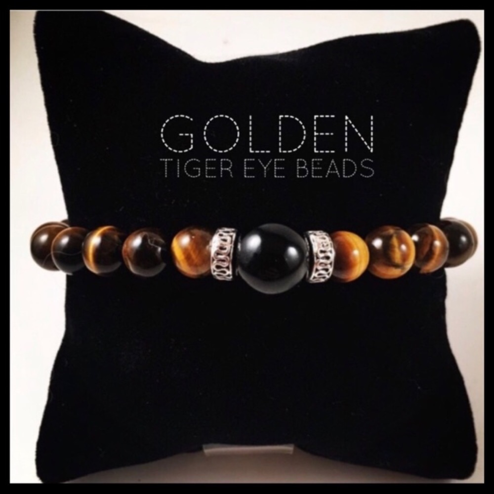 Men or women tiger eye & onyx bead bracelet